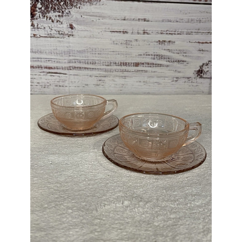 Jeannette Doric and Pansy Pink Child's Cup Saucers Set‎ Of 2 Crack Depression
